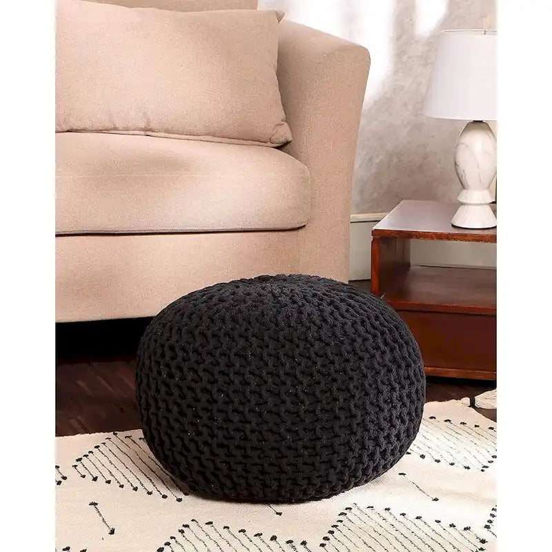Hand Knitted Pouf Cotton Braided Cord Cable Ottoman - Foot Stool - Accent Seat Furniture Bean Bag - Living Room Kids - 18x18x14