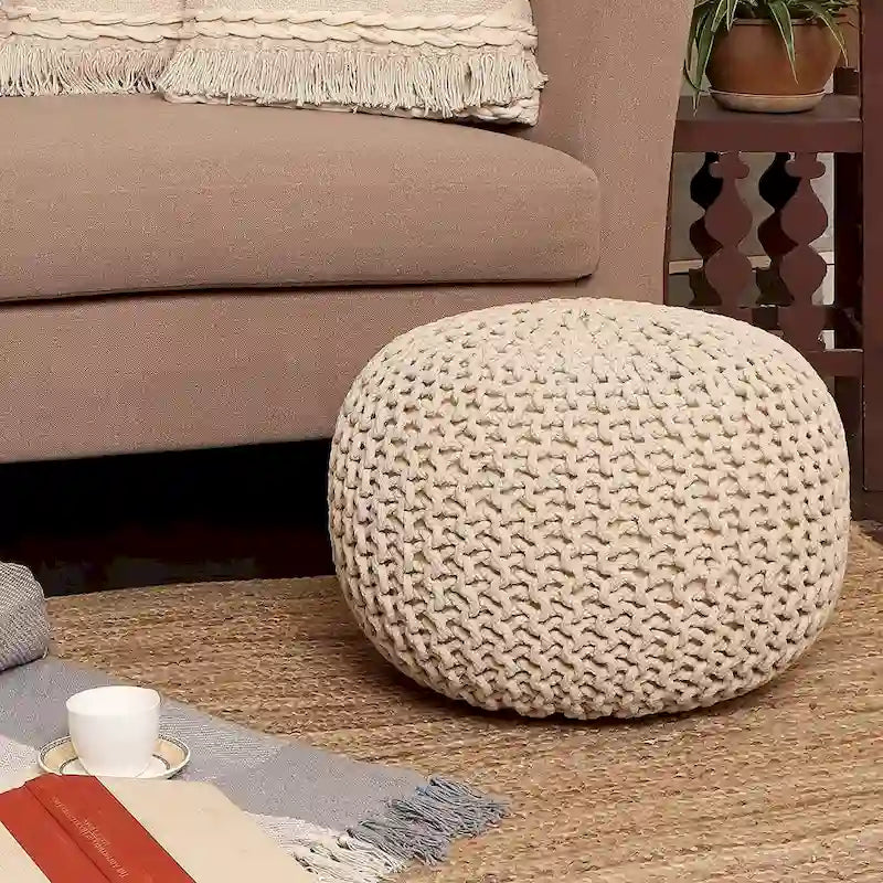 Hand Knitted Pouf Cotton Braided Cord Cable Ottoman - Foot Stool - Accent Seat Furniture Bean Bag - Living Room Kids - 18x18x14