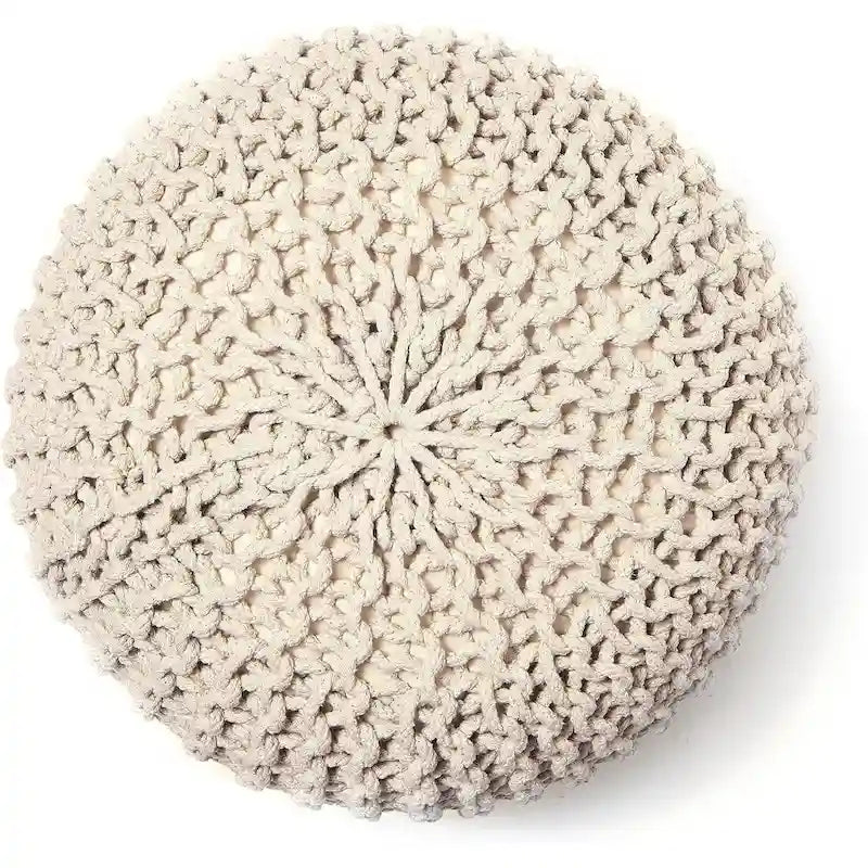 Hand Knitted Pouf Cotton Braided Cord Cable Ottoman - Foot Stool - Accent Seat Furniture Bean Bag - Living Room Kids - 18x18x14