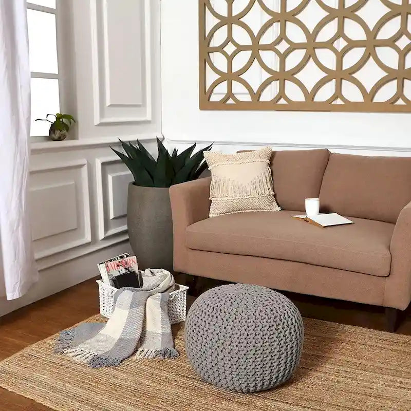 Hand Knitted Pouf Cotton Braided Cord Cable Ottoman - Foot Stool - Accent Seat Furniture Bean Bag - Living Room Kids - 18x18x14