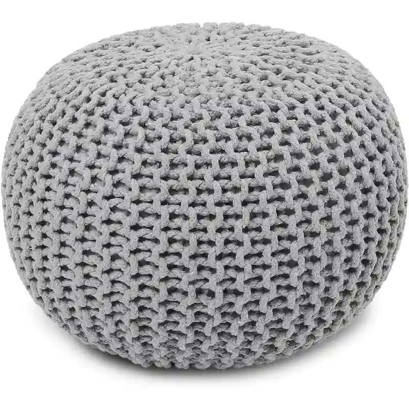 Hand Knitted Pouf Cotton Braided Cord Cable Ottoman - Foot Stool - Accent Seat Furniture Bean Bag - Living Room Kids - 18x18x14