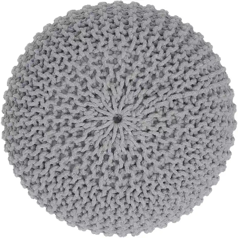 Hand Knitted Pouf Cotton Braided Cord Cable Ottoman - Foot Stool - Accent Seat Furniture Bean Bag - Living Room Kids - 18x18x14