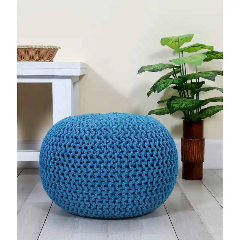 Hand Knitted Pouf Cotton Braided Cord Cable Ottoman - Foot Stool - Accent Seat Furniture Bean Bag - Living Room Kids - 18x18x14