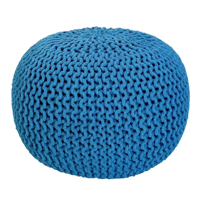 Hand Knitted Pouf Cotton Braided Cord Cable Ottoman - Foot Stool - Accent Seat Furniture Bean Bag - Living Room Kids - 18x18x14