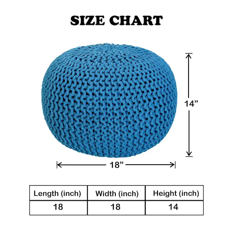 Hand Knitted Pouf Cotton Braided Cord Cable Ottoman - Foot Stool - Accent Seat Furniture Bean Bag - Living Room Kids - 18x18x14