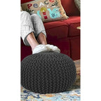 Hand Knitted Pouf Cotton Braided Cord Cable Ottoman - Foot Stool - Accent Seat Furniture Bean Bag - Living Room Kids - 18x18x14