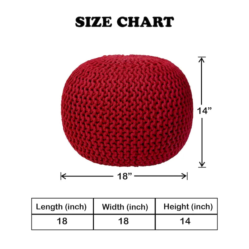Hand Knitted Pouf Cotton Braided Cord Cable Ottoman - Foot Stool - Accent Seat Furniture Bean Bag - Living Room Kids - 18x18x14