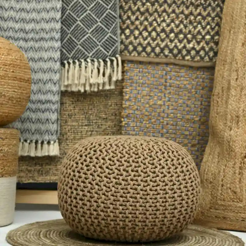 Hand Knitted Pouf Cotton Braided Cord Cable Ottoman - Foot Stool - Accent Seat Furniture Bean Bag - Living Room Kids - 18x18x14