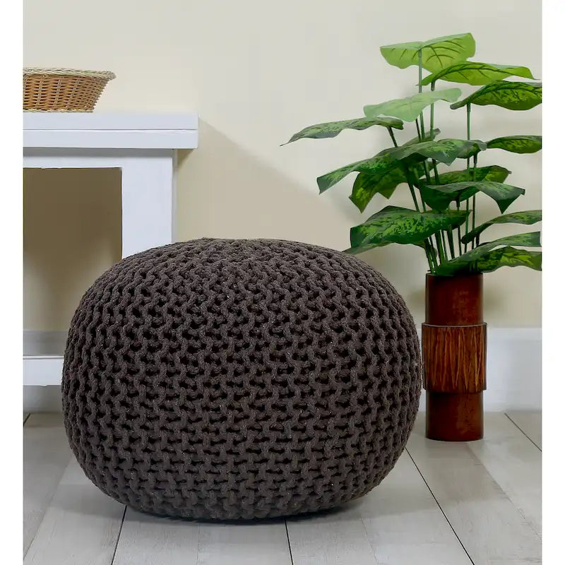Hand Knitted Pouf Cotton Braided Cord Cable Ottoman - Foot Stool - Accent Seat Furniture Bean Bag - Living Room Kids - 18x18x14