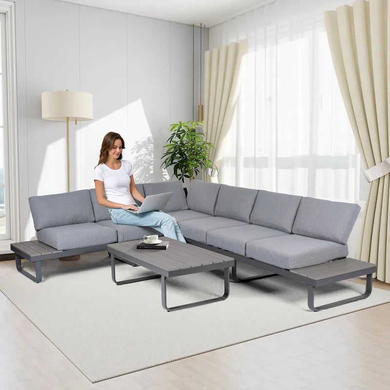 6 Person Outdoor L-Shape Metal Sectional Sofa Set with Cusions and Coffee Table