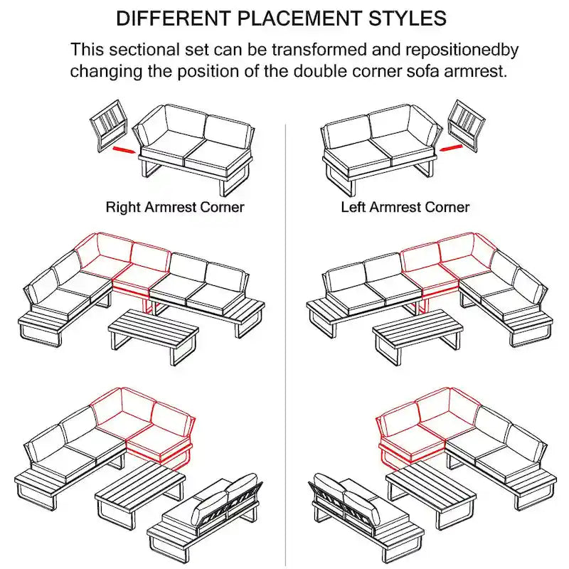 6 Person Outdoor L-Shape Metal Sectional Sofa Set with Cusions and Coffee Table