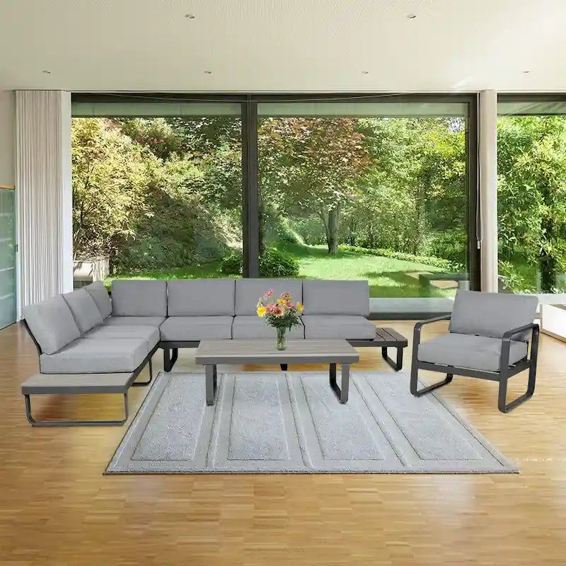 6 Person Outdoor L-Shape Metal Sectional Sofa Set with Cusions and Coffee Table