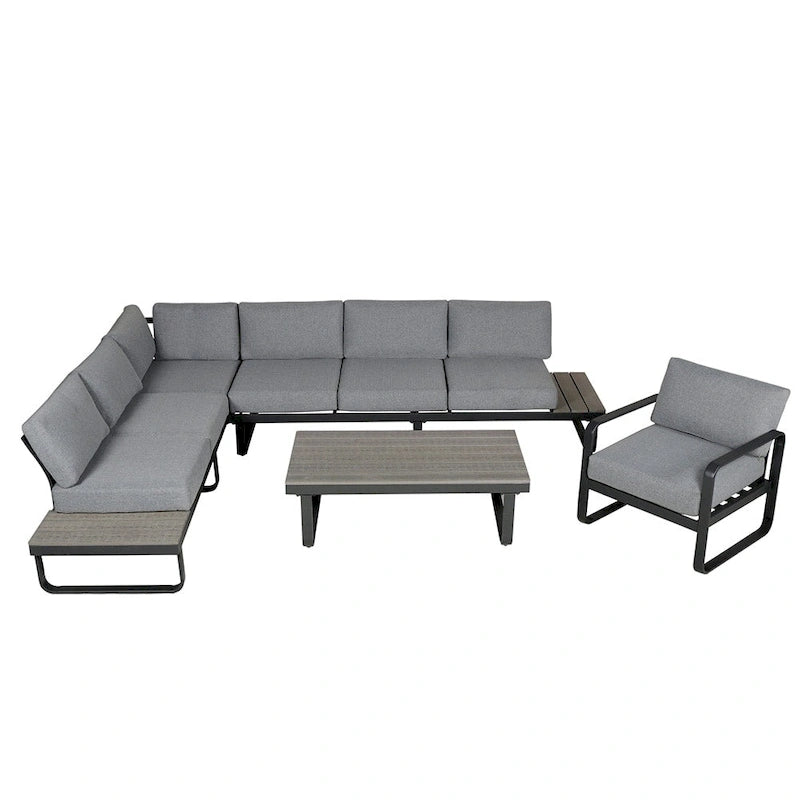 6 Person Outdoor L-Shape Metal Sectional Sofa Set with Cusions and Coffee Table