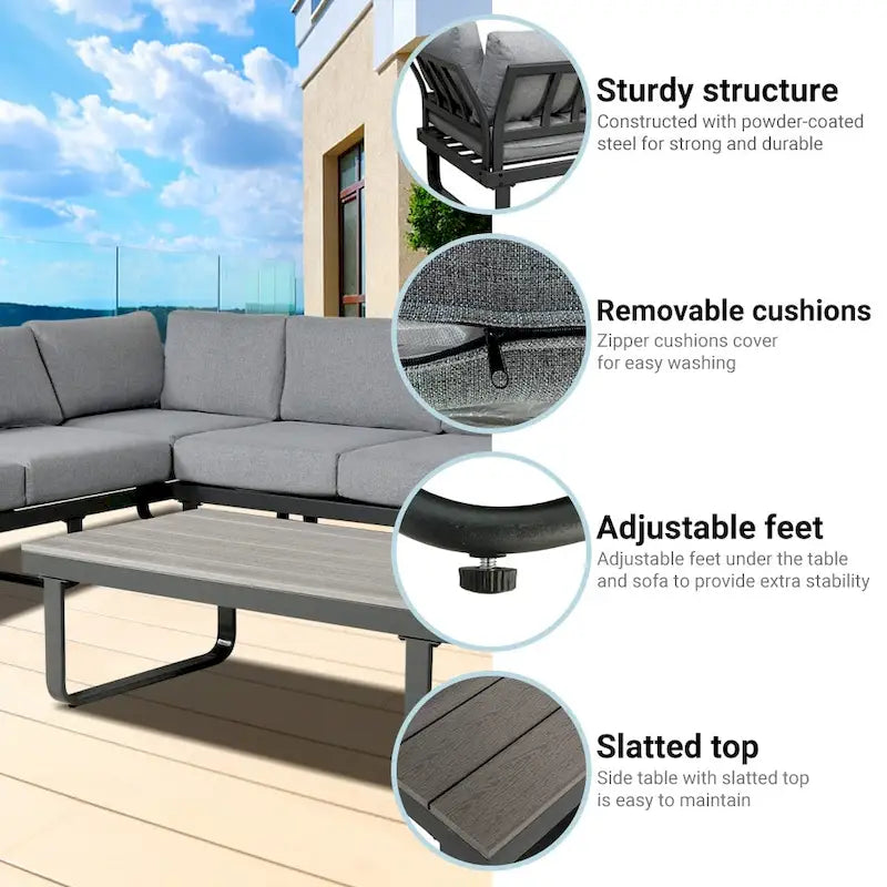 6 Person Outdoor L-Shape Metal Sectional Sofa Set with Cusions and Coffee Table