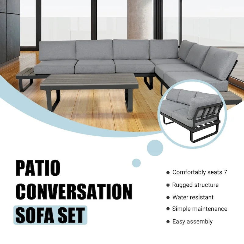 6 Person Outdoor L-Shape Metal Sectional Sofa Set with Cusions and Coffee Table