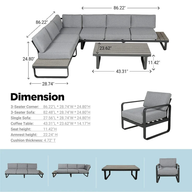 6 Person Outdoor L-Shape Metal Sectional Sofa Set with Cusions and Coffee Table