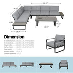 6 Person Outdoor L-Shape Metal Sectional Sofa Set with Cusions and Coffee Table