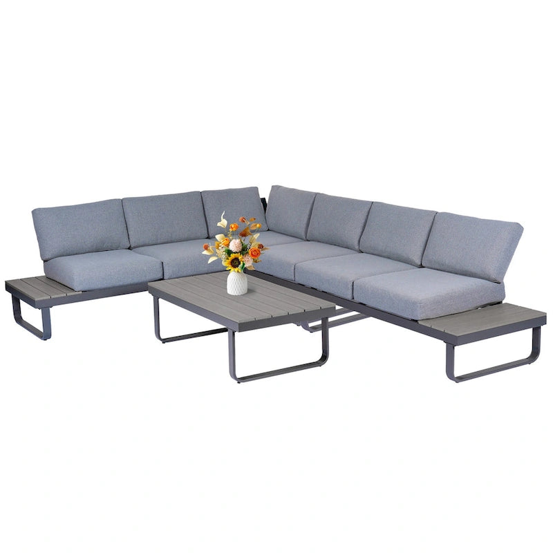 6 Person Outdoor L-Shape Metal Sectional Sofa Set with Cusions and Coffee Table