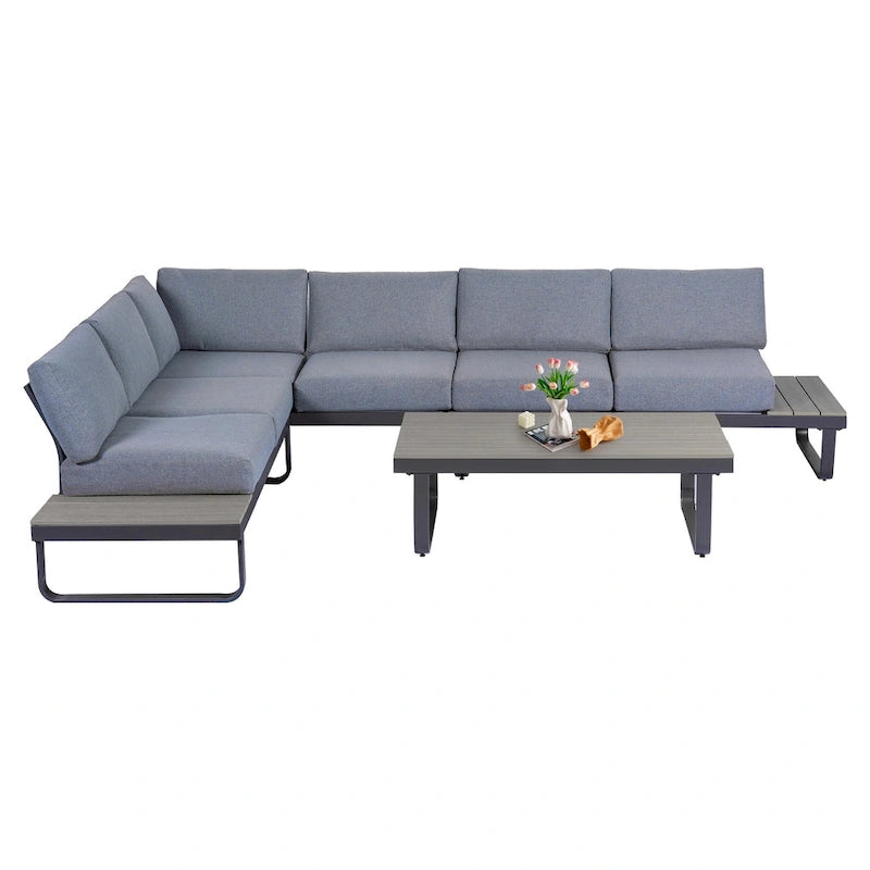 6 Person Outdoor L-Shape Metal Sectional Sofa Set with Cusions and Coffee Table