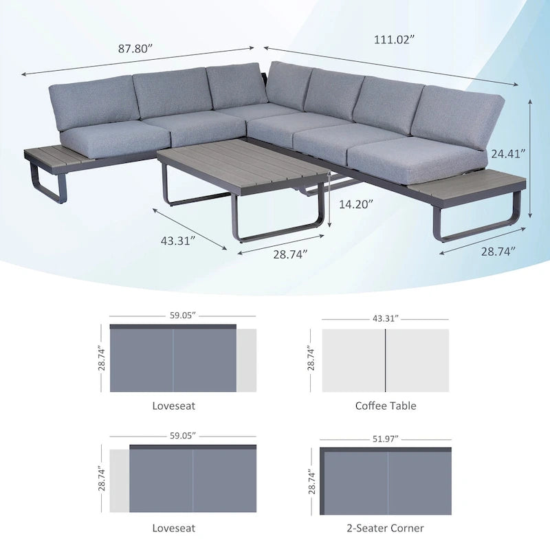 6 Person Outdoor L-Shape Metal Sectional Sofa Set with Cusions and Coffee Table