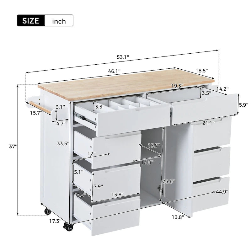 Kitchen Island Cart with Rubber Wood Top and Locking Wheels