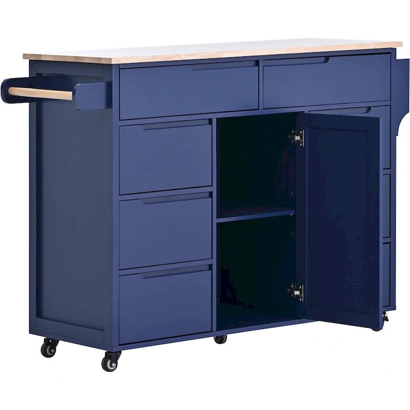 Kitchen Island Cart with Rubber Wood Top and Locking Wheels