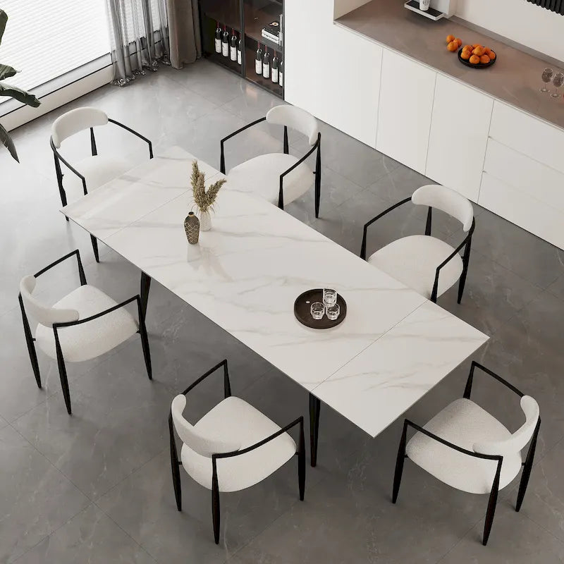Set da Pranzo con Tavolo Allungabile in Pietra Sinterizzata a 7 Pezzi e 6 Sedie in Tessuto