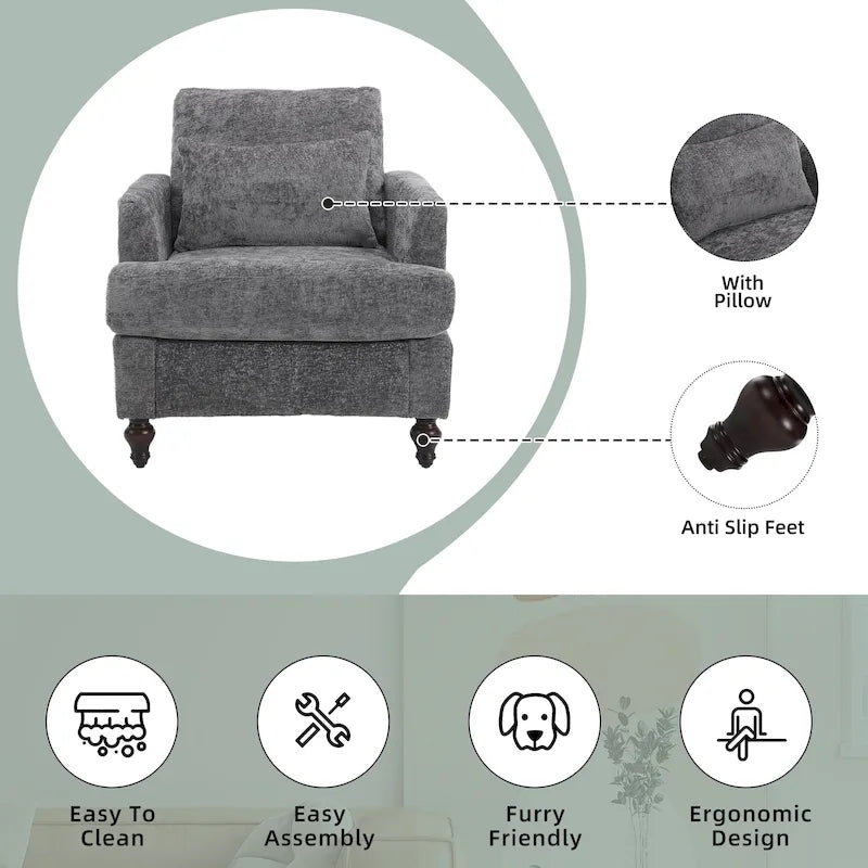 HOMEFUN Chenille Upholstered Mid Century Modern Wood Frame Armchair for Living Room