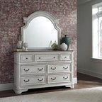 Set letto imbottito, comò e specchio, e comodino Magnolia Manor