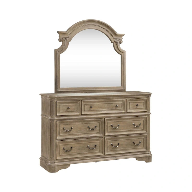 Set letto imbottito, comò e specchio, e comodino Magnolia Manor