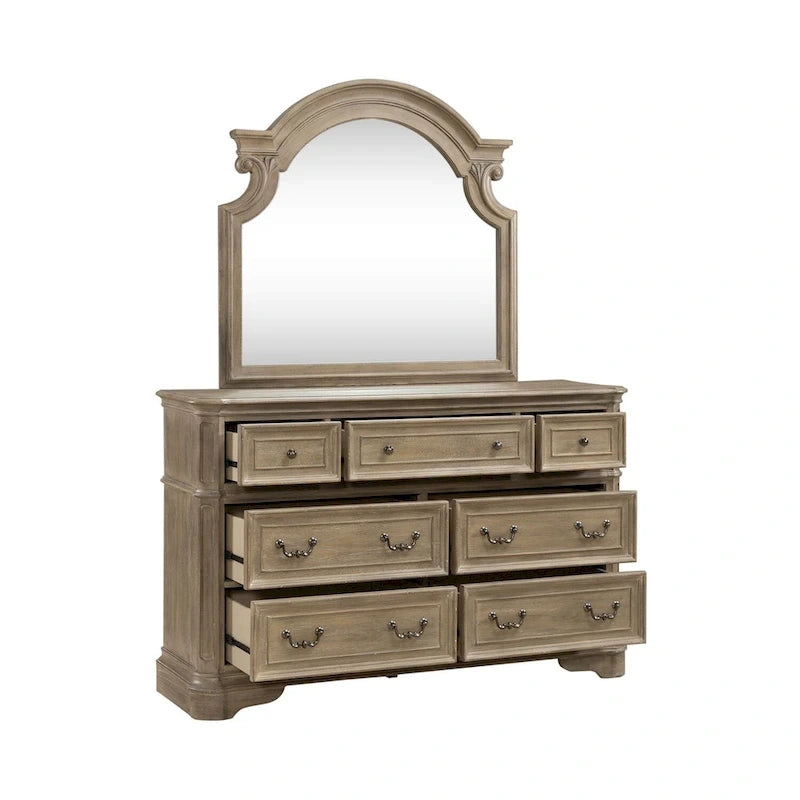Set letto imbottito, comò e specchio, e comodino Magnolia Manor