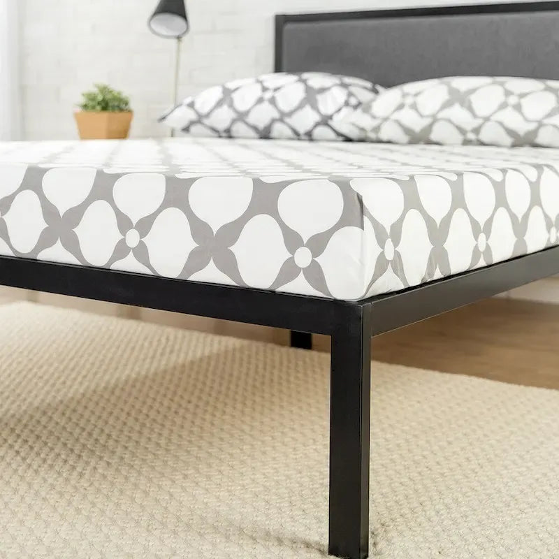Priage by Zinus Black Steel Platform Bedframe w/ Grey Fabric Headboard