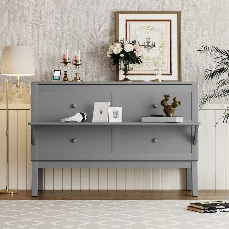 Queen Size Murphy Bed Chest with Desk, USB Port,Removable Shelves on Each Side