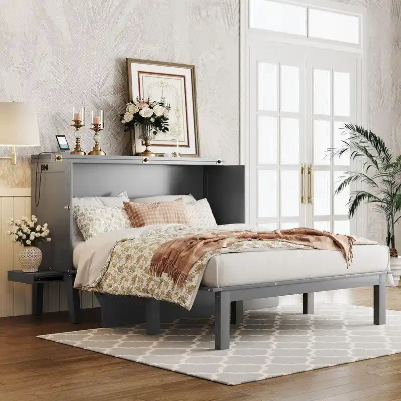 Queen Size Murphy Bed Chest with Desk, USB Port,Removable Shelves on Each Side