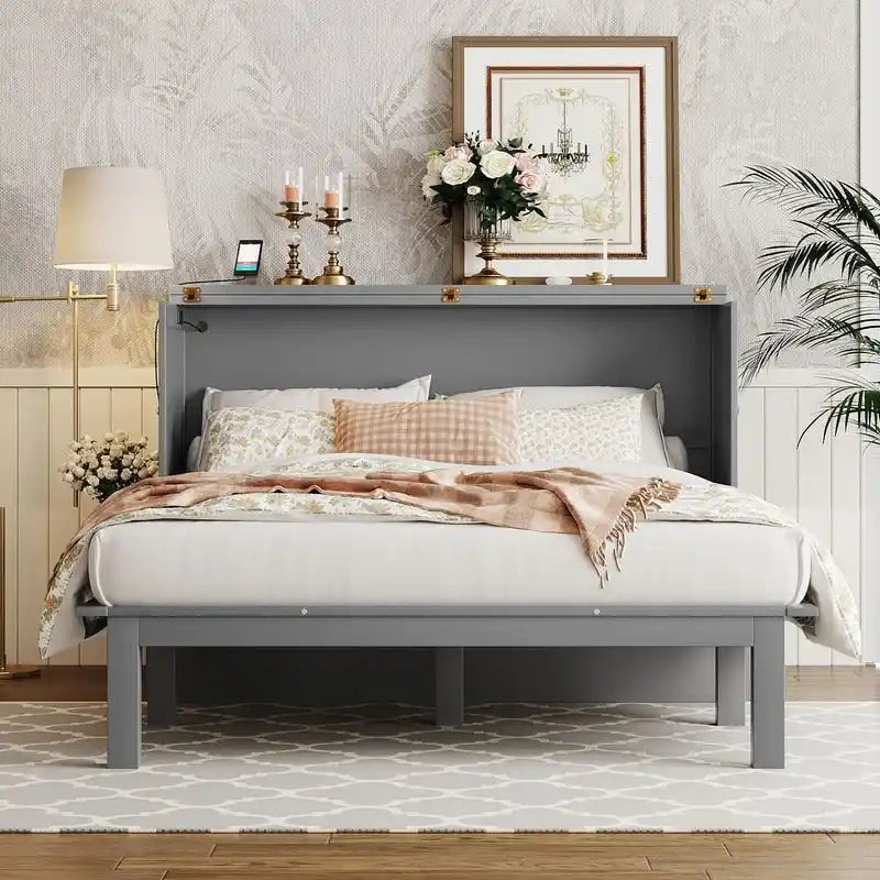 Queen Size Murphy Bed Chest with Desk, USB Port,Removable Shelves on Each Side