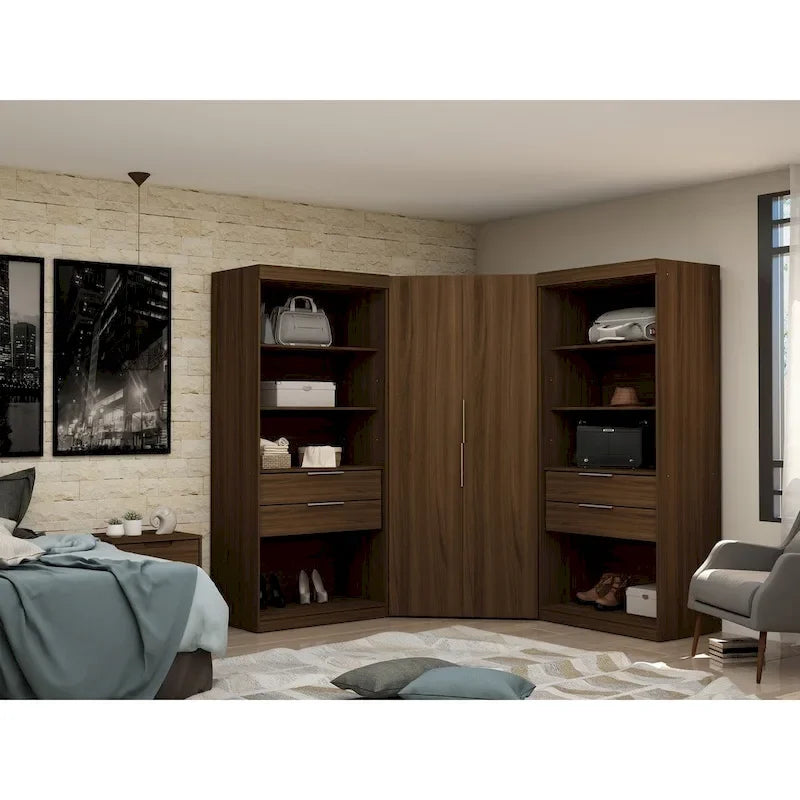 Armadio angolare Mulberry 2.0 semichiuso a 3 sezioni, moderno, con 4 cassetti, set da 3