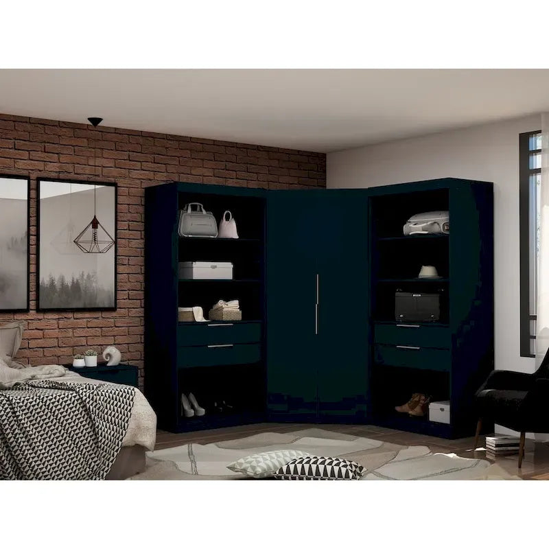 Armadio angolare Mulberry 2.0 semichiuso a 3 sezioni, moderno, con 4 cassetti, set da 3