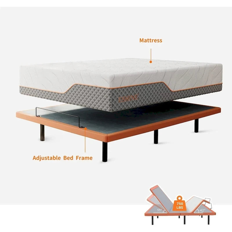 ESHINE Adjustable Bed Frame - 14 inch Hybrid Memory Foam Mattress 2000 Series