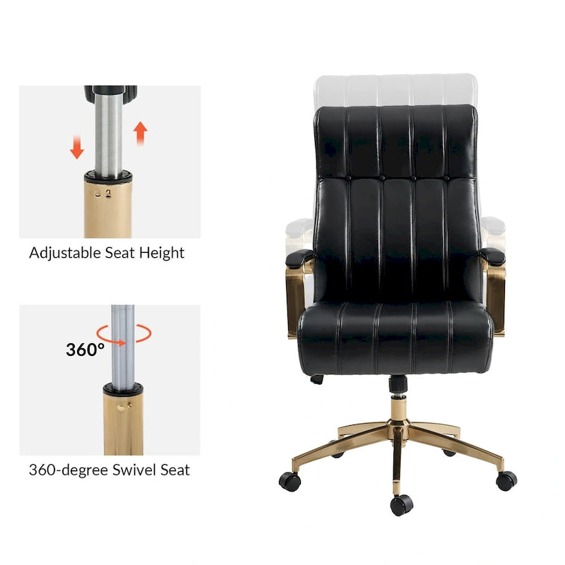 Curtiz Mid-Century Modern Vegan Leather Swivel Tilting Office Chair with Channel Tufted and Metal Feet by HULALA HOME