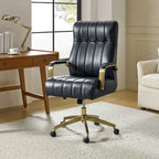 Curtiz Mid-Century Modern Vegan Leather Swivel Tilting Office Chair with Channel Tufted and Metal Feet by HULALA HOME