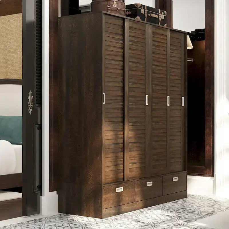 Closet Cabinet Wardrobe Armoire with Drawers, Hanging Rod Brown