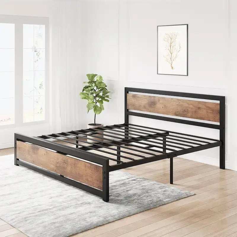 Bed Frame Platform with Headboard, No Box Spring Needed, Load Up to 700Lbs, Rustic Brown