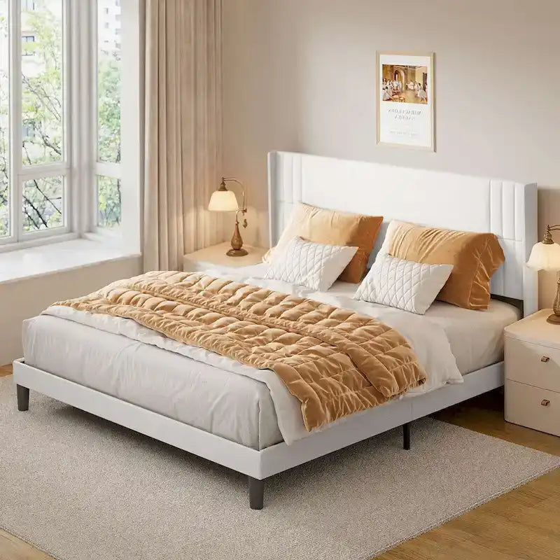 Queen/ Full Vertical Channels Upholstered Bed with Wingback Headboard