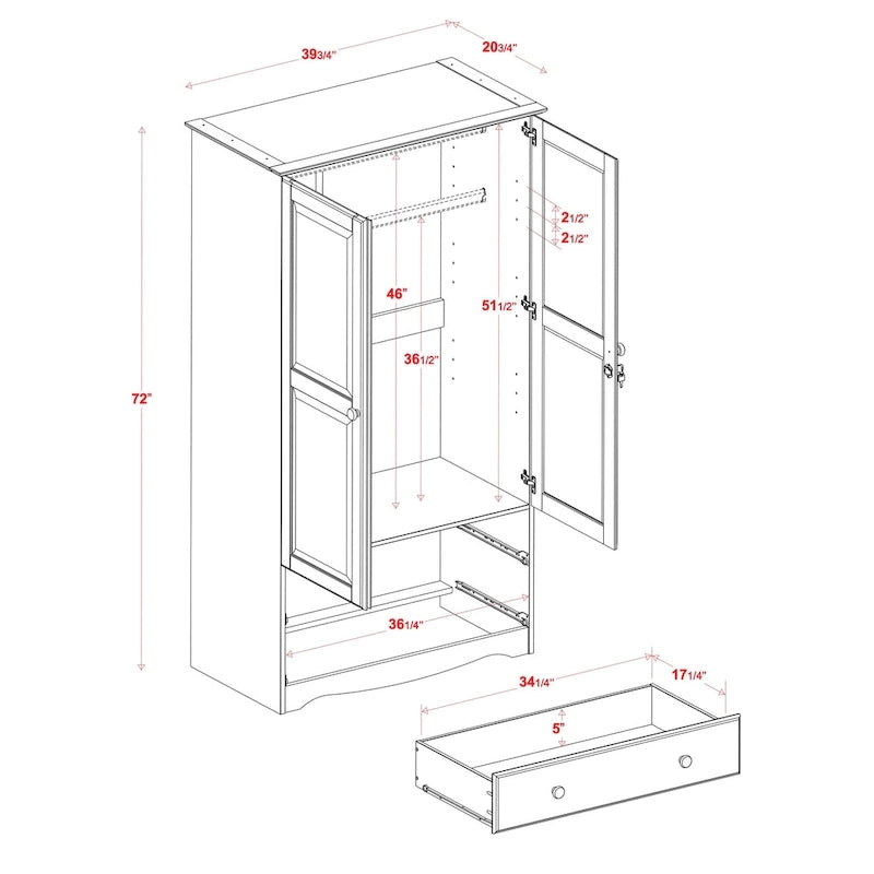 Palace Imports Armadio Intelligente 100% Legno Massello con 2 Cassetti, Pomelli in Metallo o Legno