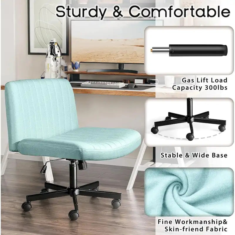 Bossin Criss Cross Chair Armless Office Desk Chair with Wheels,Fabric Padded Cross Legged Chair, Swivel Wide Seat Vanity Chair
