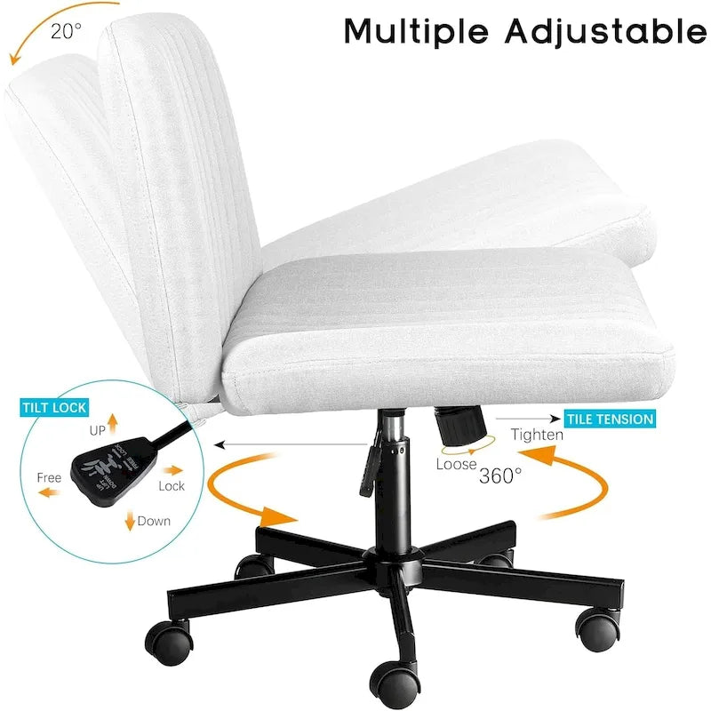 Bossin Criss Cross Chair Armless Office Desk Chair with Wheels,Fabric Padded Cross Legged Chair, Swivel Wide Seat Vanity Chair
