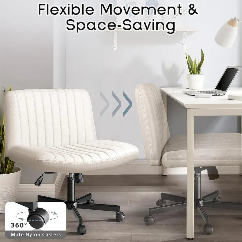 Bossin Criss Cross Chair Armless Office Desk Chair with Wheels,Fabric Padded Cross Legged Chair, Swivel Wide Seat Vanity Chair
