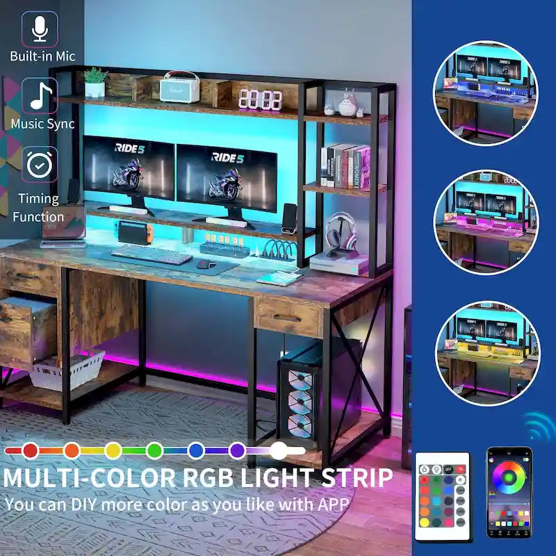 Moasis 59 Inch Computer Gaming Desk with Hutch and Bookshelf Home Office Desks with 3 Drawers