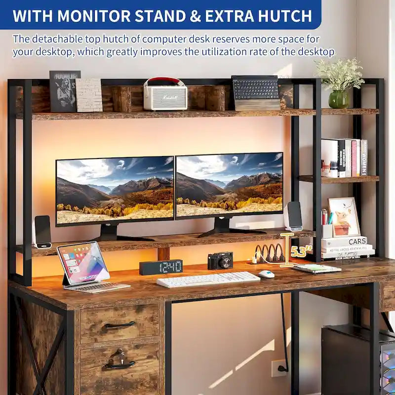Moasis 59 Inch Computer Gaming Desk with Hutch and Bookshelf Home Office Desks with 3 Drawers