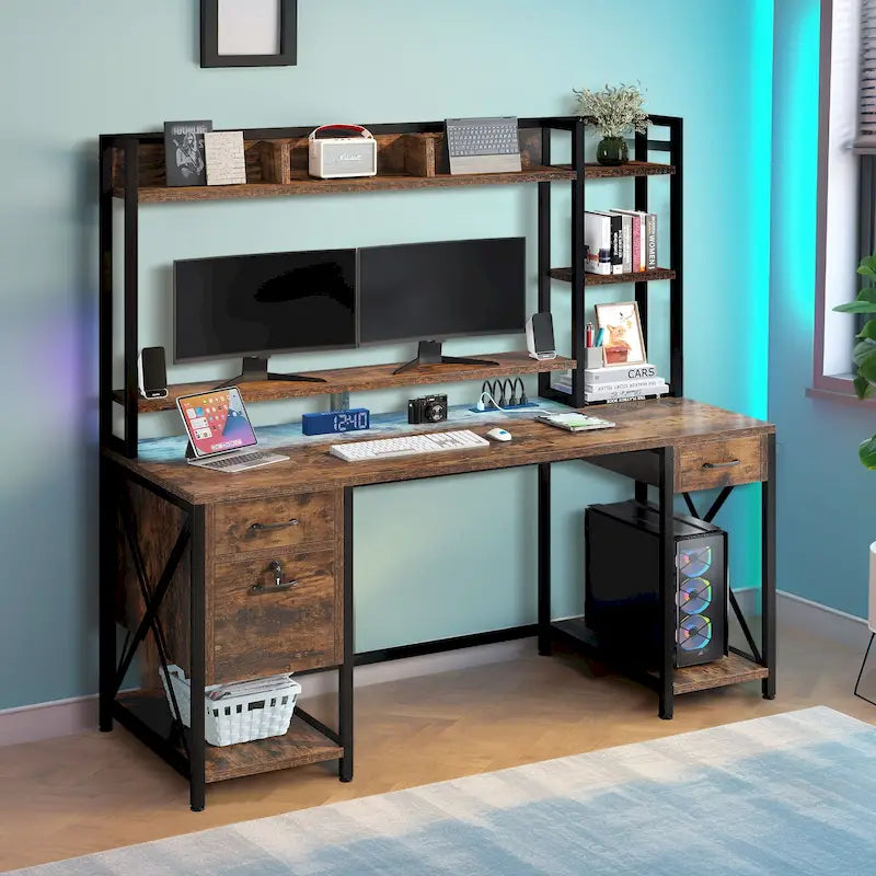 Moasis 59 Inch Computer Gaming Desk with Hutch and Bookshelf Home Office Desks with 3 Drawers